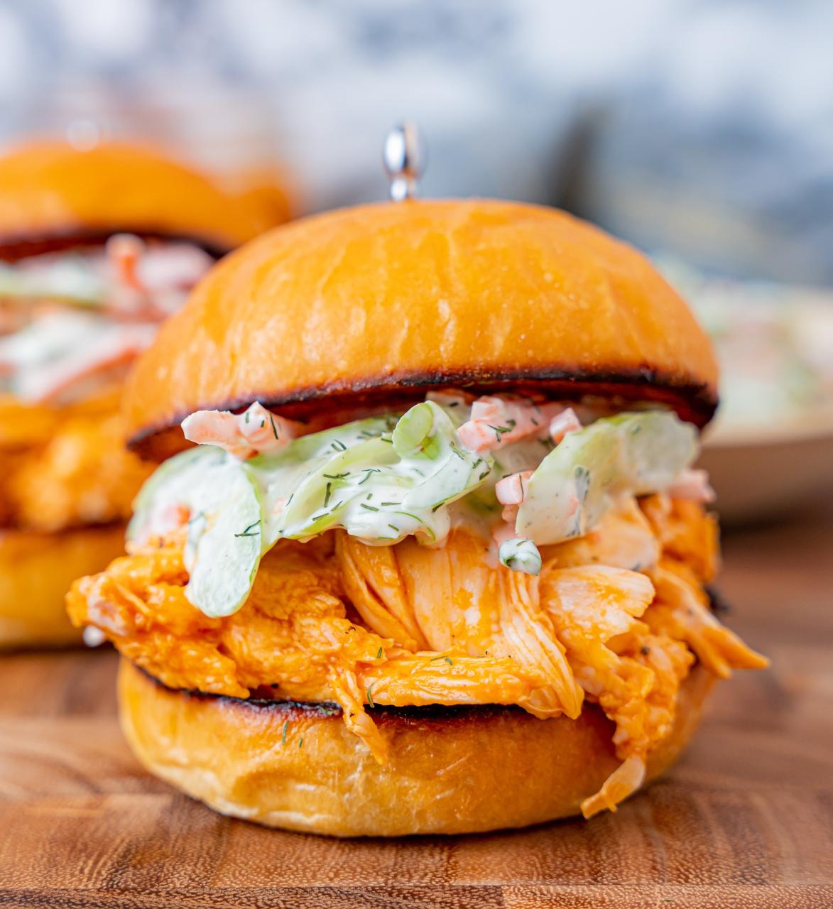 Shredded Buffalo Chicken Sandwiches with Celery Slaw - Grilling 24x7